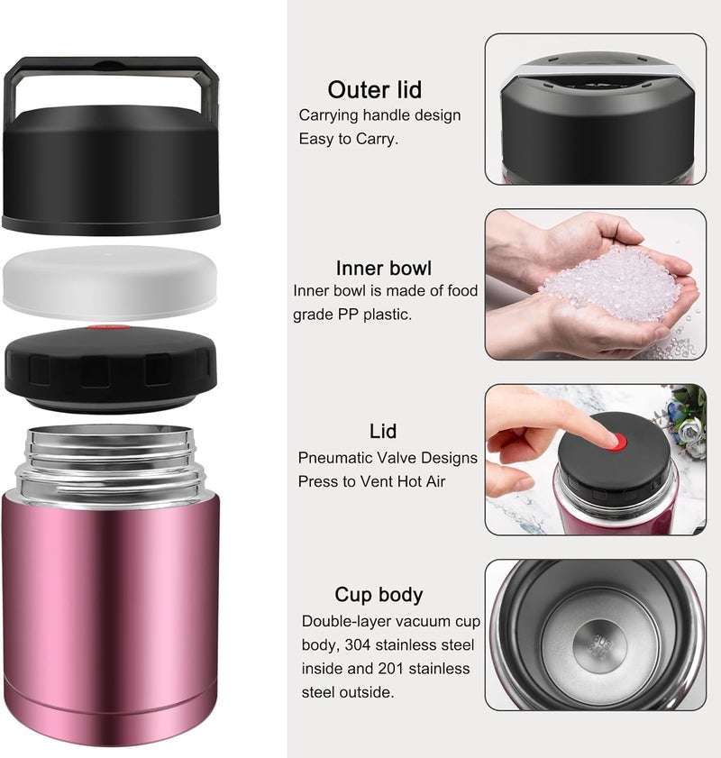 Zalaxt 35oz Soup Thermos, Stainless Steel Thermos for Hot Food, Wide Mouth Food Thermos Jar, Insulated Lunch Container Leak Proof Vacuum Thermal Flask(rosered) - Image 4